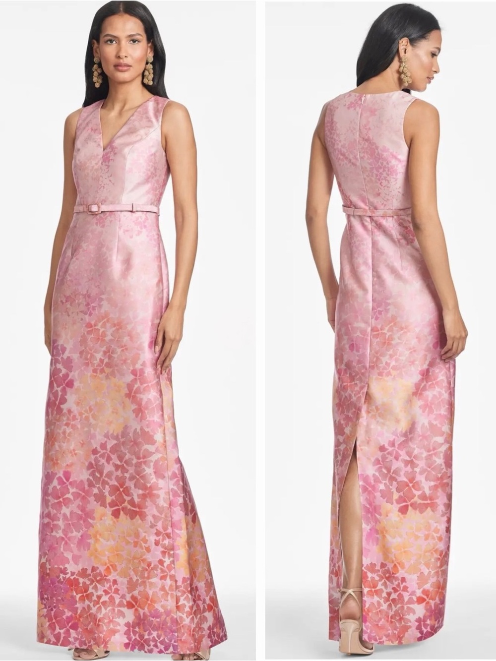 SACHIN BABI Adellyn Women’s V-Neck Pink Floral Print Column Evening Maxi Gown - Picture 2 of 15